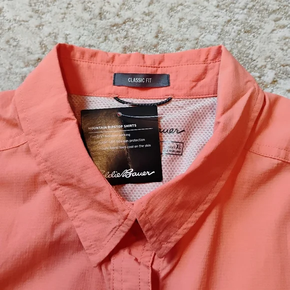 NWT XL Eddie Bauer Mountain Ripstop Orange Hiking Outdoor Button Up SS Shirt NEW - Picture 5 of 12